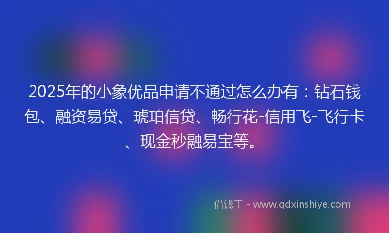 2025年的小象优品申请不通过怎么办有：钻石钱包、融资易贷、琥珀信贷、畅行花-信用飞-飞行卡、现金秒融易宝等。