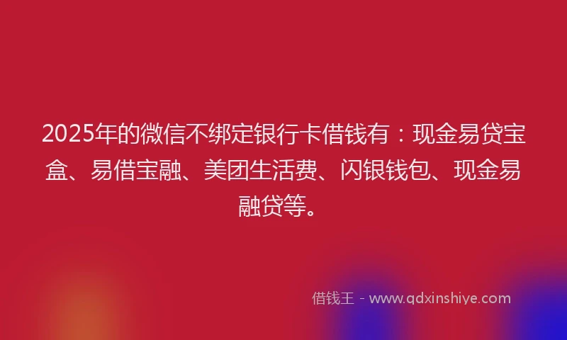 2025年的微信不绑定银行卡借钱有：现金易贷宝盒、易借宝融、美团生活费、闪银钱包、现金易融贷等。