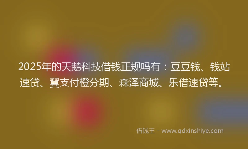 2025年的天鹅科技借钱正规吗有：豆豆钱、钱站速贷、翼支付橙分期、森泽商城、乐借速贷等。