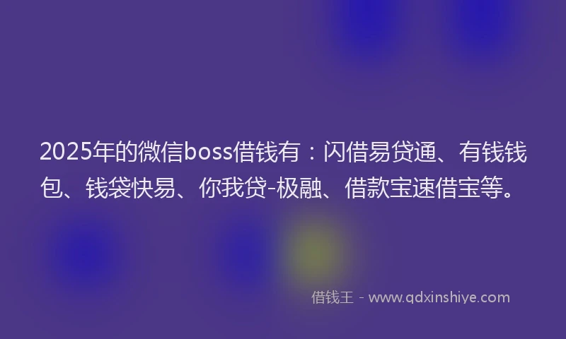 2025年的微信boss借钱有：闪借易贷通、有钱钱包、钱袋快易、你我贷-极融、借款宝速借宝等。