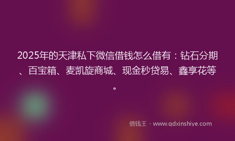 2025年的天津私下微信借钱怎么借有：钻石分期、百宝箱、麦凯旋商城、现金秒贷易、鑫享花等。