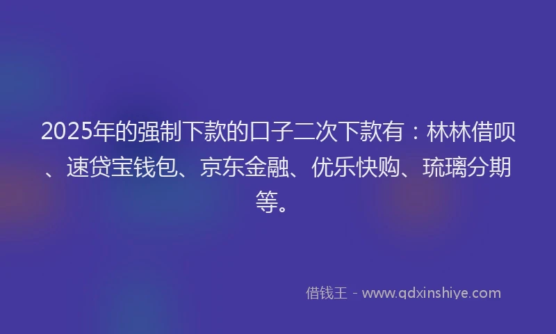 2025年的强制下款的口子二次下款有：林林借呗、速贷宝钱包、京东金融、优乐快购、琉璃分期等。