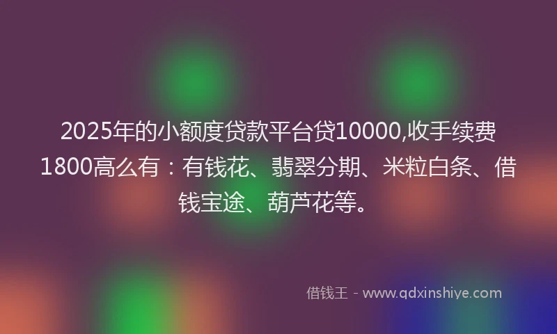 2025年的小额度贷款平台贷10000,收手续费1800高么有：有钱花、翡翠分期、米粒白条、借钱宝途、葫芦花等。