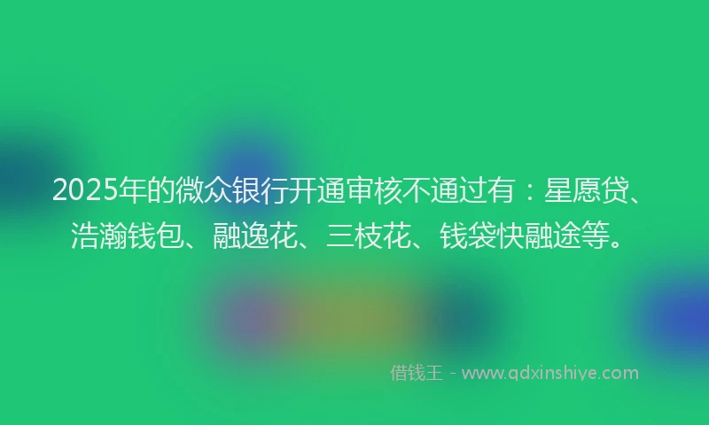 2025年的微众银行开通审核不通过有：星愿贷、浩瀚钱包、融逸花、三枝花、钱袋快融途等。