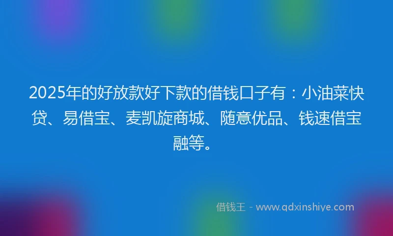 2025年的好放款好下款的借钱口子有：小油菜快贷、易借宝、麦凯旋商城、随意优品、钱速借宝融等。