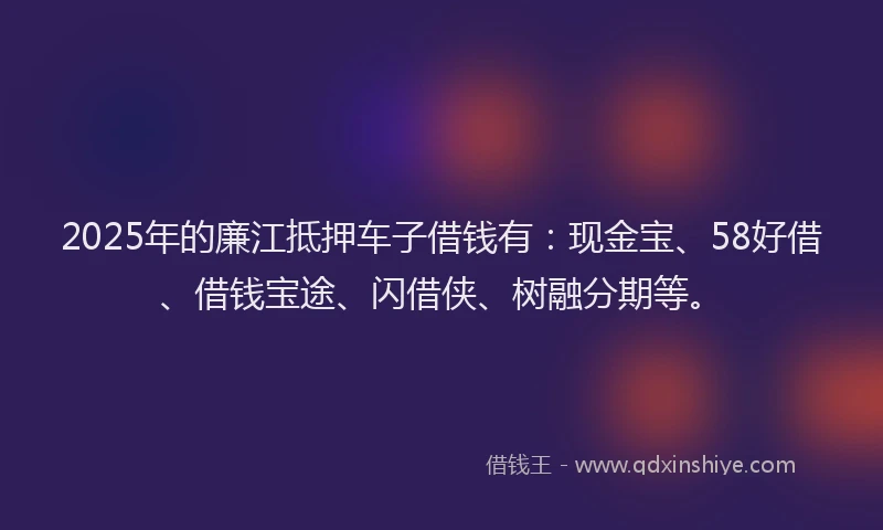 2025年的廉江抵押车子借钱有：现金宝、58好借、借钱宝途、闪借侠、树融分期等。