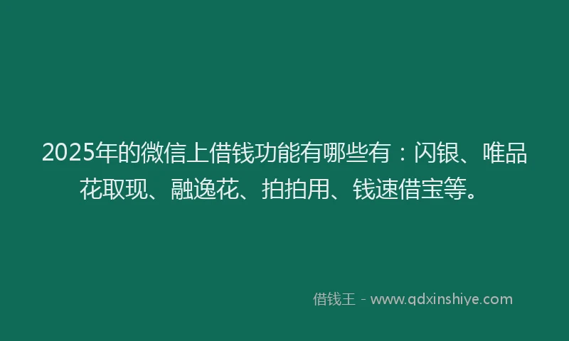 2025年的微信上借钱功能有哪些有：闪银、唯品花取现、融逸花、拍拍用、钱速借宝等。