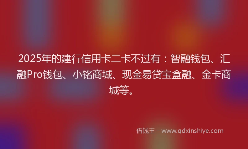 2025年的建行信用卡二卡不过有：智融钱包、汇融Pro钱包、小铭商城、现金易贷宝盒融、金卡商城等。