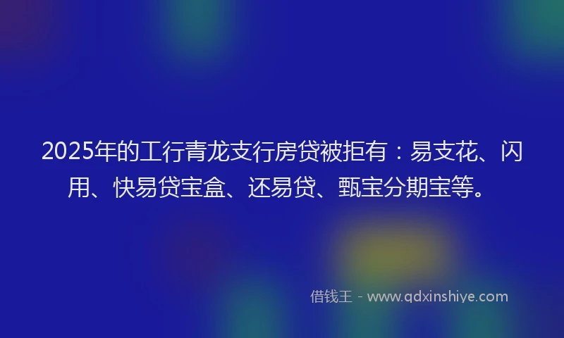 2025年的工行青龙支行房贷被拒有：易支花、闪用、快易贷宝盒、还易贷、甄宝分期宝等。