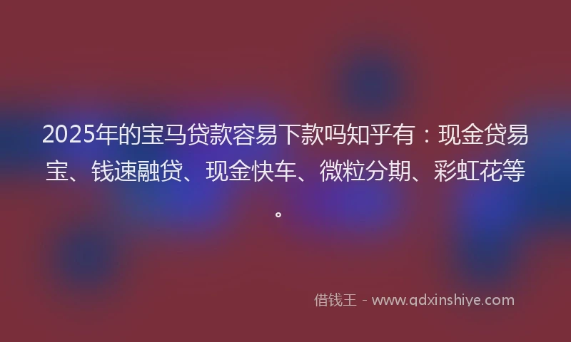 2025年的宝马贷款容易下款吗知乎有：现金贷易宝、钱速融贷、现金快车、微粒分期、彩虹花等。