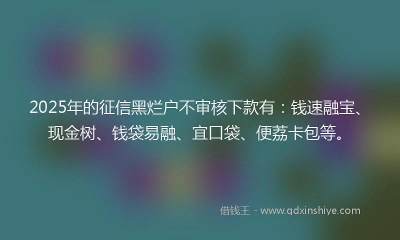 2025年的征信黑烂户不审核下款有：钱速融宝、现金树、钱袋易融、宜口袋、便荔卡包等。