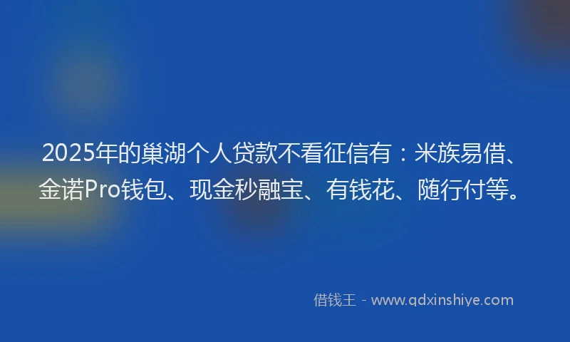 2025年的巢湖个人贷款不看征信有：米族易借、金诺Pro钱包、现金秒融宝、有钱花、随行付等。