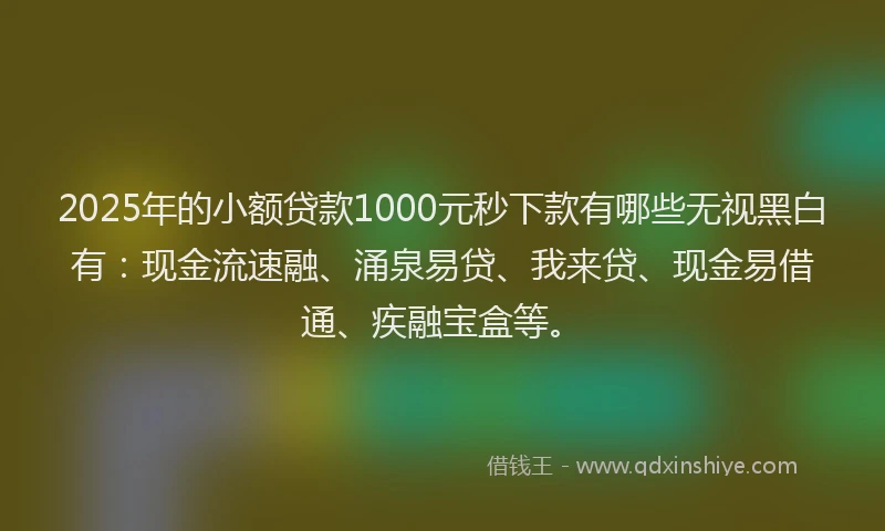 2025年的小额贷款1000元秒下款有哪些无视黑白有：现金流速融、涌泉易贷、我来贷、现金易借通、疾融宝盒等。