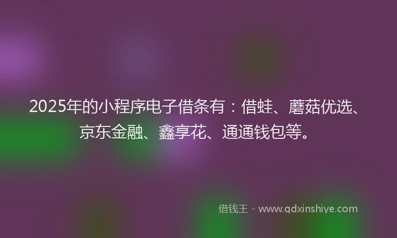 2025年的小程序电子借条有：借蛙、蘑菇优选、京东金融、鑫享花、通通钱包等。