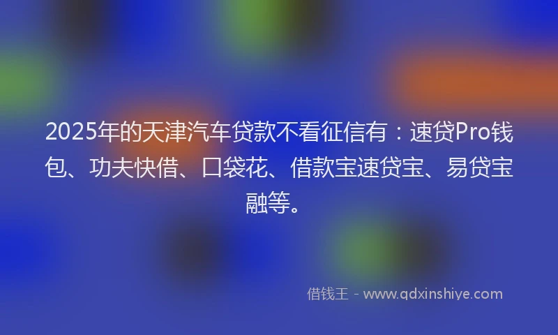 2025年的天津汽车贷款不看征信有：速贷Pro钱包、功夫快借、口袋花、借款宝速贷宝、易贷宝融等。
