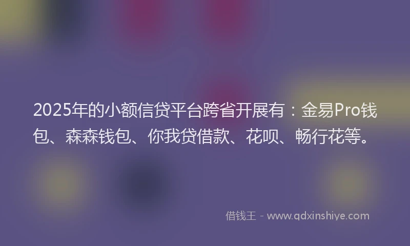2025年的小额信贷平台跨省开展有：金易Pro钱包、森森钱包、你我贷借款、花呗、畅行花等。
