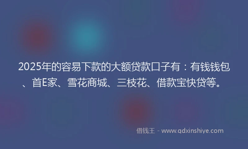 2025年的容易下款的大额贷款口子有：有钱钱包、首E家、雪花商城、三枝花、借款宝快贷等。