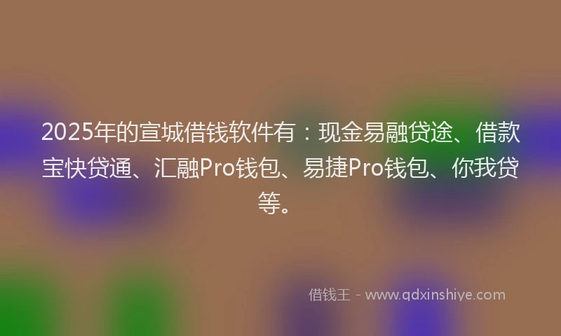 2025年的宣城借钱软件有：现金易融贷途、借款宝快贷通、汇融Pro钱包、易捷Pro钱包、你我贷等。