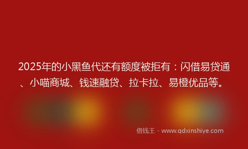 2025年的小黑鱼代还有额度被拒有：闪借易贷通、小喵商城、钱速融贷、拉卡拉、易橙优品等。
