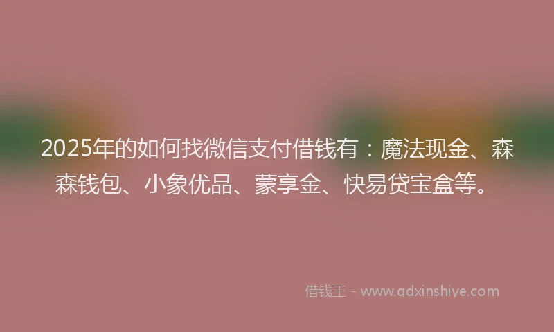 2025年的如何找微信支付借钱有：魔法现金、森森钱包、小象优品、蒙享金、快易贷宝盒等。
