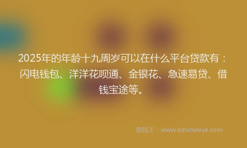2025年的年龄十九周岁可以在什么平台贷款有：闪电钱包、洋洋花呗通、金银花、急速易贷、借钱宝途等。