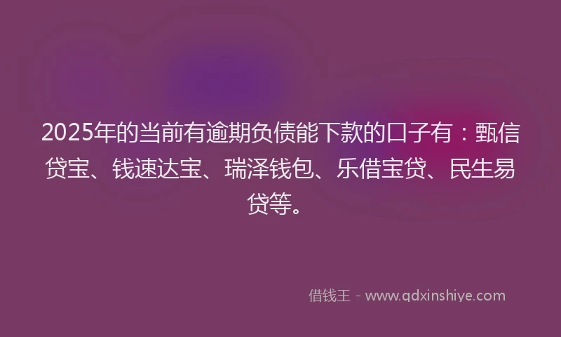 2025年的当前有逾期负债能下款的口子有：甄信贷宝、钱速达宝、瑞泽钱包、乐借宝贷、民生易贷等。