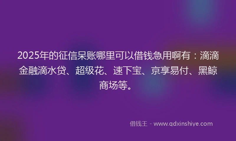 2025年的征信呆账哪里可以借钱急用啊有：滴滴金融滴水贷、超级花、速下宝、京享易付、黑鲸商场等。