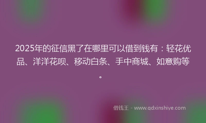 2025年的征信黑了在哪里可以借到钱有：轻花优品、洋洋花呗、移动白条、手中商城、如意购等。