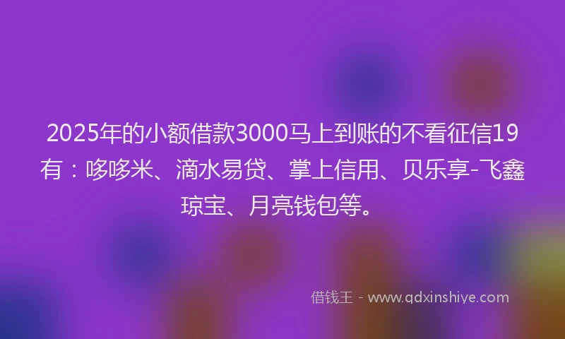 2025年的小额借款3000马上到账的不看征信19有：哆哆米、滴水易贷、掌上信用、贝乐享-飞鑫琼宝、月亮钱包等。
