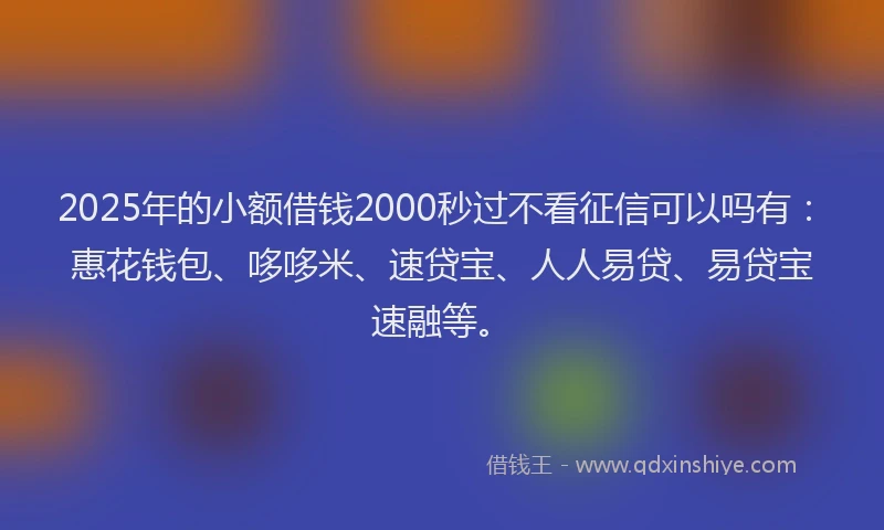 2025年的小额借钱2000秒过不看征信可以吗有：惠花钱包、哆哆米、速贷宝、人人易贷、易贷宝速融等。