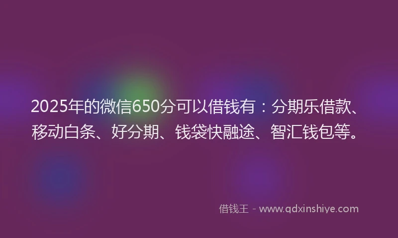 2025年的微信650分可以借钱有：分期乐借款、移动白条、好分期、钱袋快融途、智汇钱包等。
