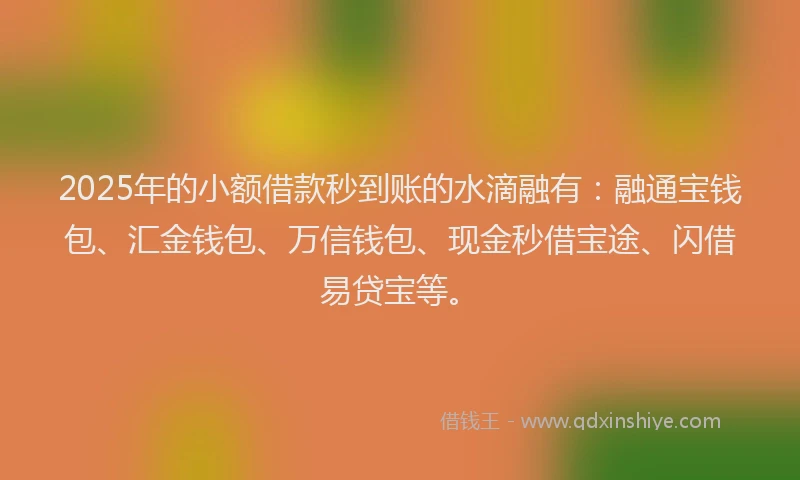 2025年的小额借款秒到账的水滴融有：融通宝钱包、汇金钱包、万信钱包、现金秒借宝途、闪借易贷宝等。