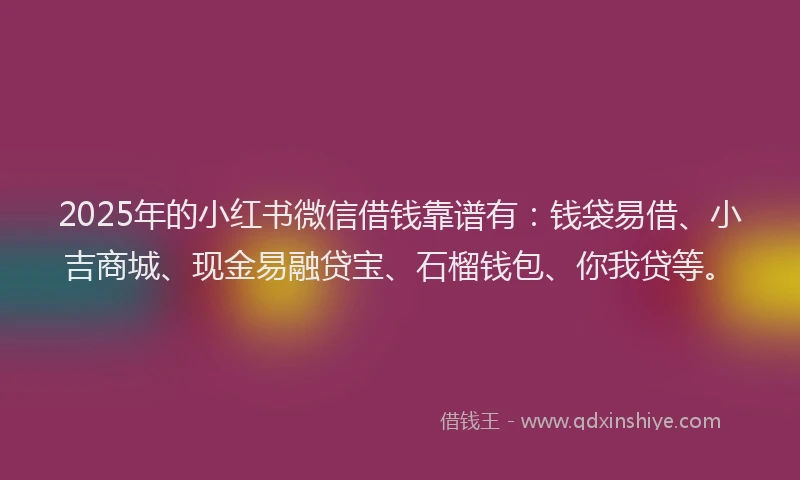 2025年的小红书微信借钱靠谱有：钱袋易借、小吉商城、现金易融贷宝、石榴钱包、你我贷等。
