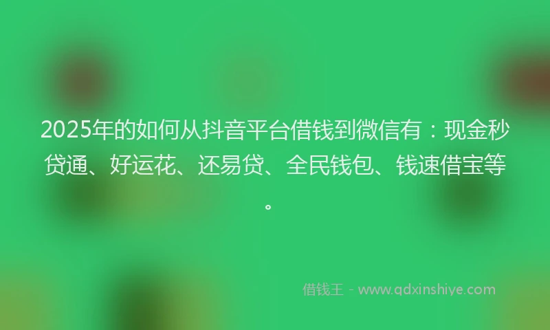 2025年的如何从抖音平台借钱到微信有：现金秒贷通、好运花、还易贷、全民钱包、钱速借宝等。