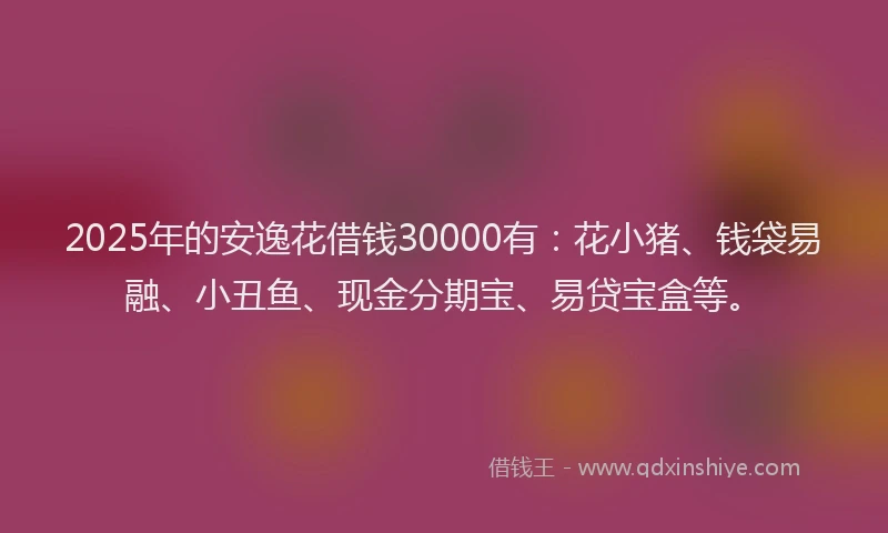 2025年的安逸花借钱30000有：花小猪、钱袋易融、小丑鱼、现金分期宝、易贷宝盒等。