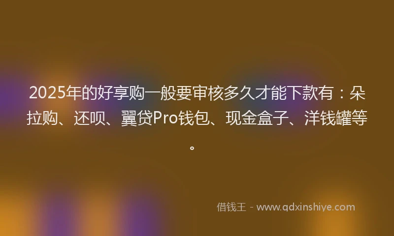 2025年的好享购一般要审核多久才能下款有：朵拉购、还呗、翼贷Pro钱包、现金盒子、洋钱罐等。