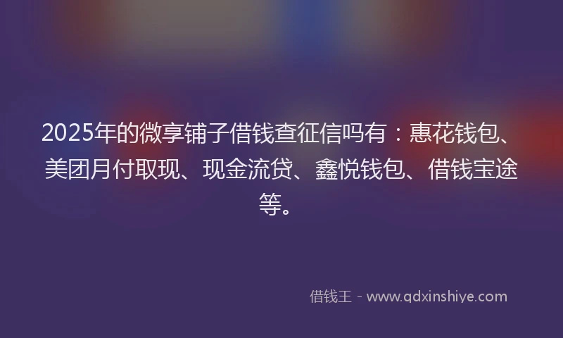 2025年的微享铺子借钱查征信吗有：惠花钱包、美团月付取现、现金流贷、鑫悦钱包、借钱宝途等。