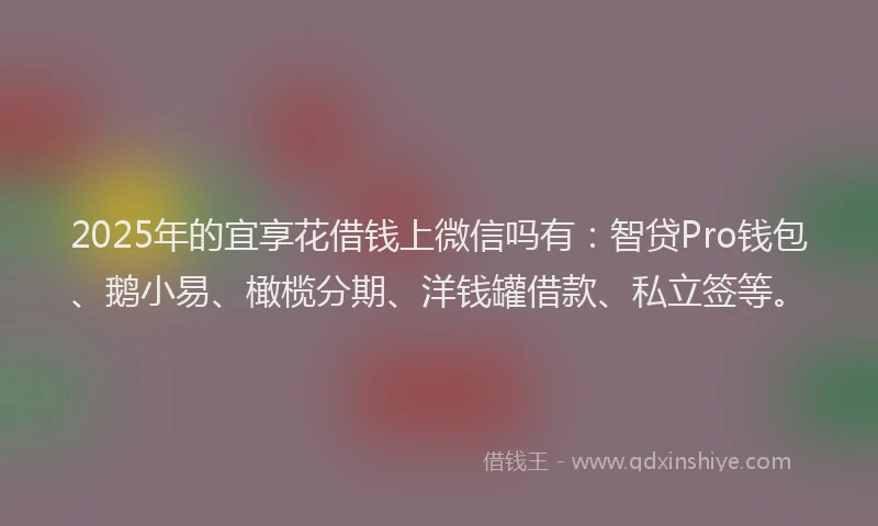 2025年的宜享花借钱上微信吗有：智贷Pro钱包、鹅小易、橄榄分期、洋钱罐借款、私立签等。