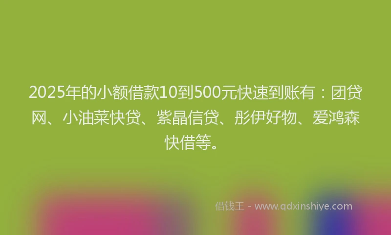 2025年的小额借款10到500元快速到账有：团贷网、小油菜快贷、紫晶信贷、彤伊好物、爱鸿森快借等。