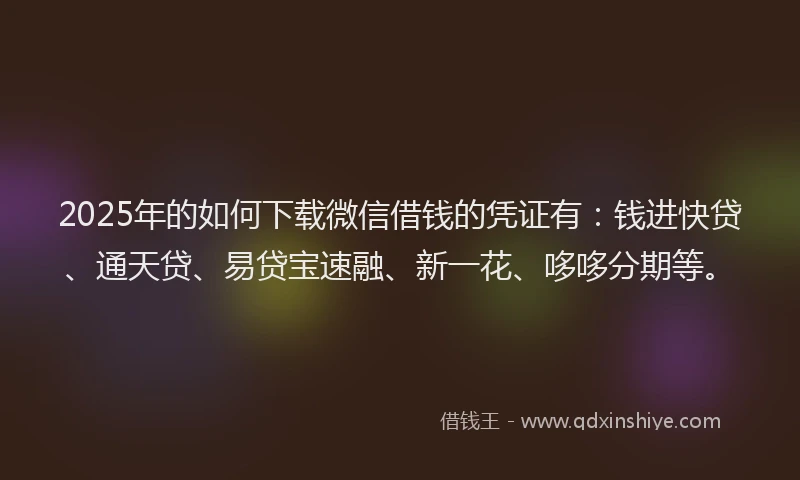 2025年的如何下载微信借钱的凭证有：钱进快贷、通天贷、易贷宝速融、新一花、哆哆分期等。