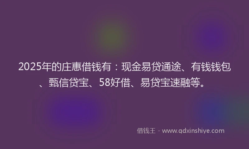 2025年的庄惠借钱有：现金易贷通途、有钱钱包、甄信贷宝、58好借、易贷宝速融等。