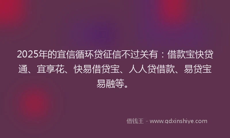 2025年的宜信循环贷征信不过关有：借款宝快贷通、宜享花、快易借贷宝、人人贷借款、易贷宝易融等。