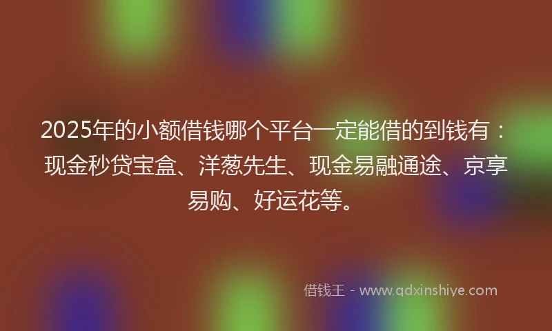 2025年的小额借钱哪个平台一定能借的到钱有:现金秒贷宝盒、洋葱先生、现金易融通途、京享易购、好运花等。