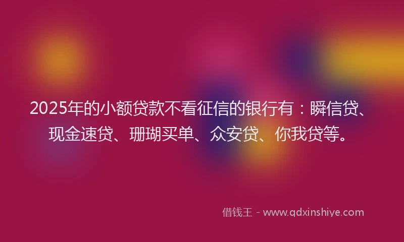2025年的小额贷款不看征信的银行有：瞬信贷、现金速贷、珊瑚买单、众安贷、你我贷等。