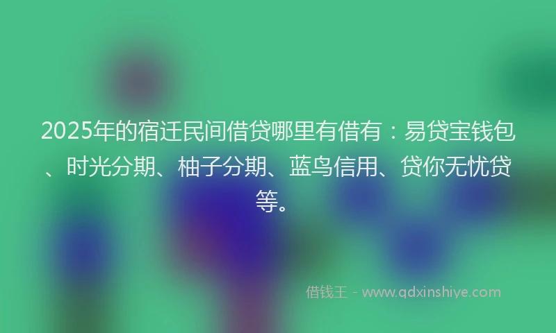 2025年的宿迁民间借贷哪里有借有：易贷宝钱包、时光分期、柚子分期、蓝鸟信用、贷你无忧贷等。