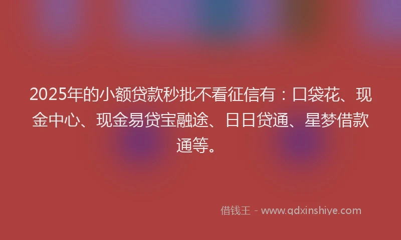 2025年的小额贷款秒批不看征信有：口袋花、现金中心、现金易贷宝融途、日日贷通、星梦借款通等。