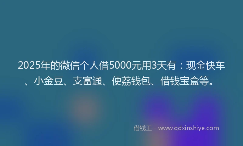 2025年的微信个人借5000元用3天有：现金快车、小金豆、支富通、便荔钱包、借钱宝盒等。
