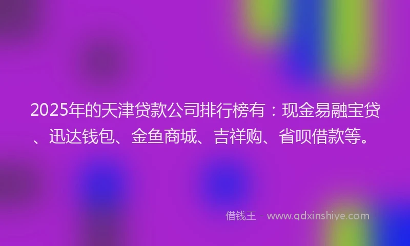 2025年的天津贷款公司排行榜有：现金易融宝贷、迅达钱包、金鱼商城、吉祥购、省呗借款等。