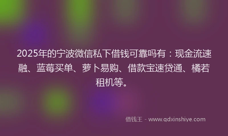 2025年的宁波微信私下借钱可靠吗有：现金流速融、蓝莓买单、萝卜易购、借款宝速贷通、橘若租机等。
