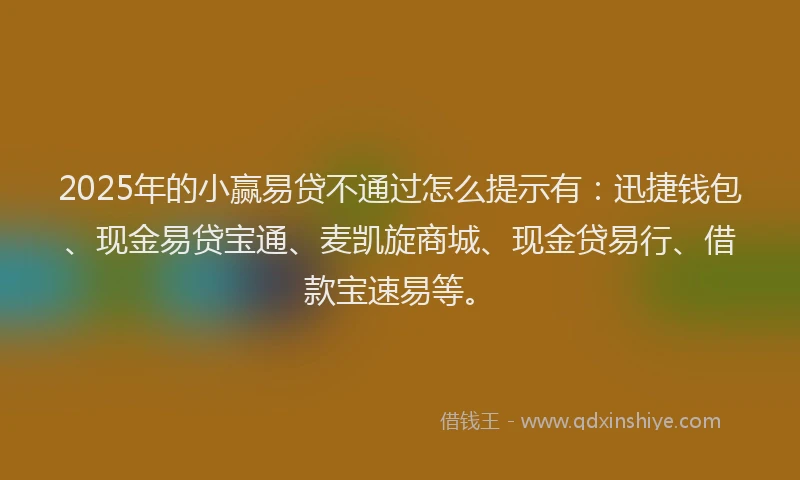 2025年的小赢易贷不通过怎么提示有：迅捷钱包、现金易贷宝通、麦凯旋商城、现金贷易行、借款宝速易等。